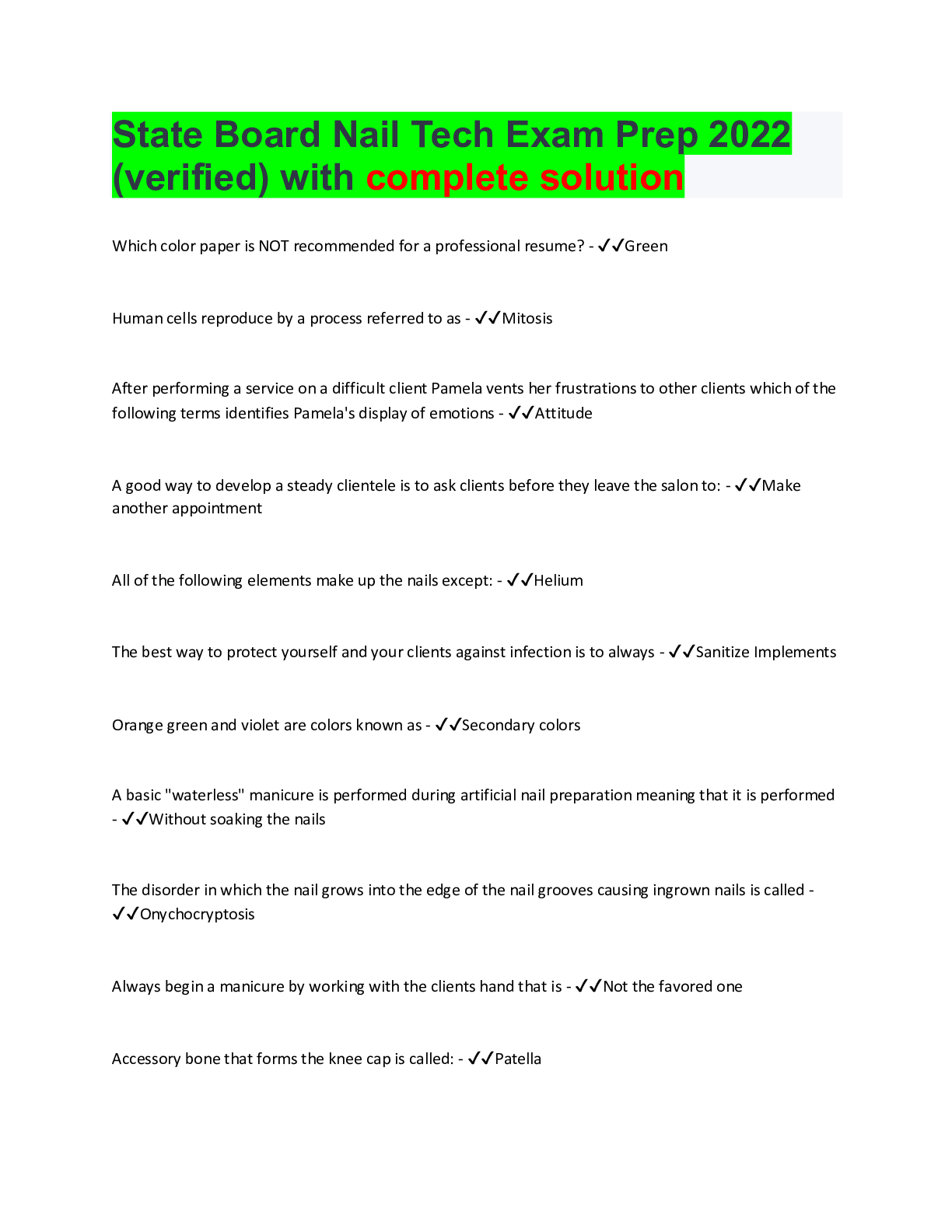 psi Texas state board nail tech exam 2022 (verified answers) Browsegrades